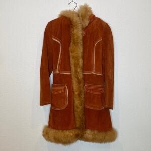 Vintage Rust Colored Suede Coat w/ Faux Fur Trim Snap Closure Sz XS Lined Hooded